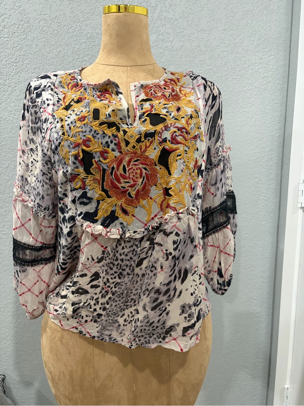 Anthropologie Embroidered Floral Peasant Blouse - White, Gold, Pink